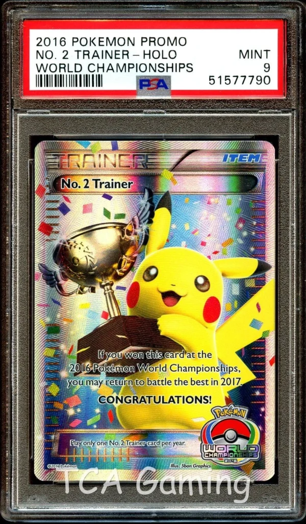 PSA 9 MINT No. 2 TRAINER 2016 Worlds TROPHY Pikachu FULL ART Pokemon Card 790
