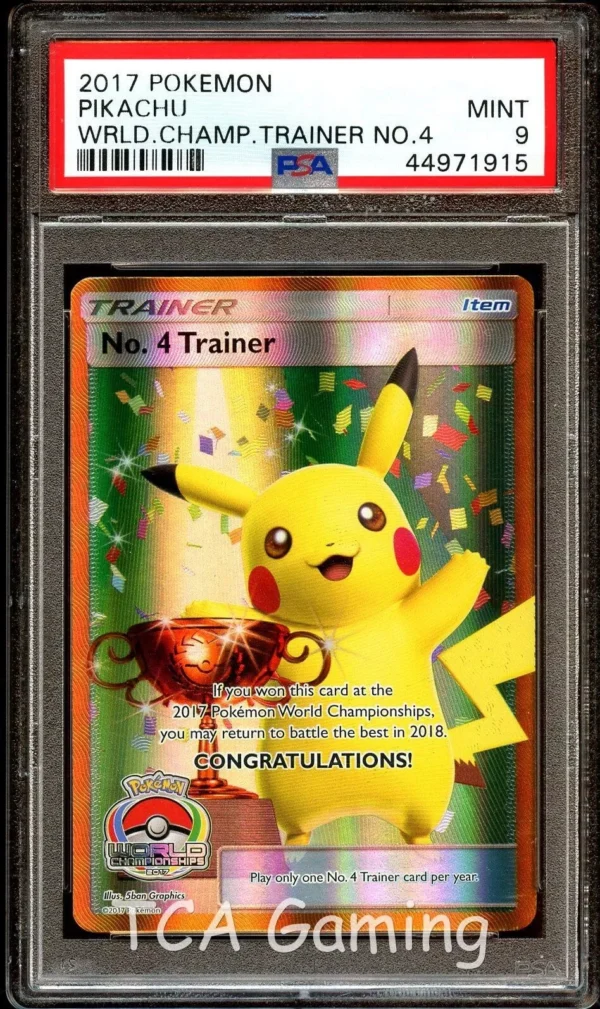 PSA 9 MINT No. 4 TRAINER 2017 Worlds TROPHY Pikachu FULL ART Pokemon Card 915 - Image 3